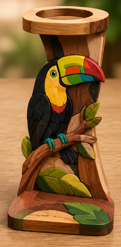 Chorreador de madera inspirado en Kaila hecho con técnica de intarsia